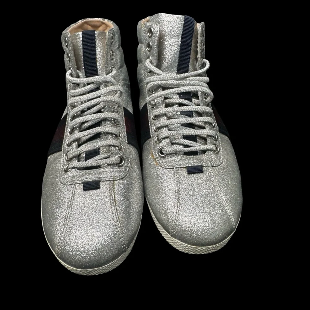 Gucci Bambi Silver Glitter High Top Sneakers EU38 Web Stripe Italy Luxury
